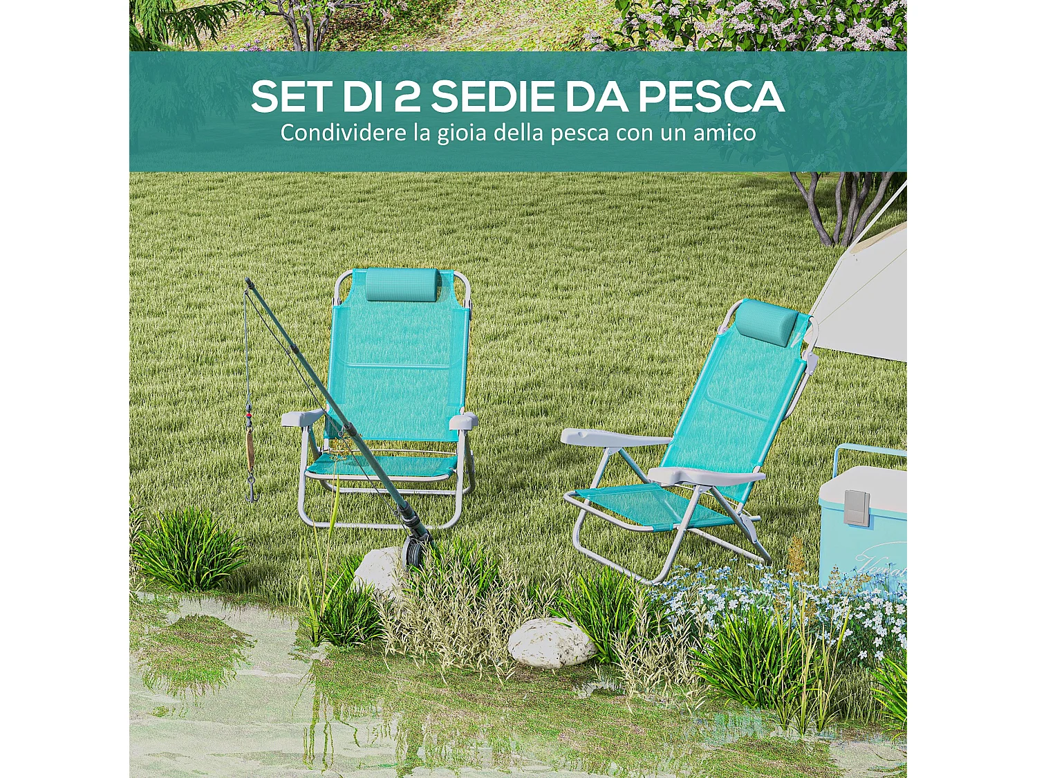Set 2 sedie da pesca pieghevoli e reclinabili grigio e azzurro