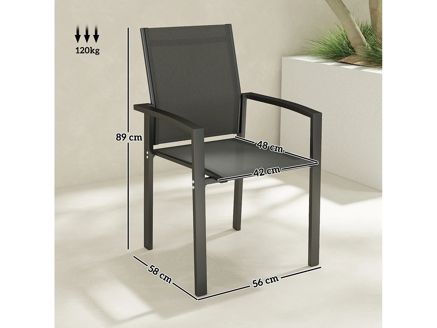 Set 2 sedie da giardino impilabili in alluminio textilene grigio