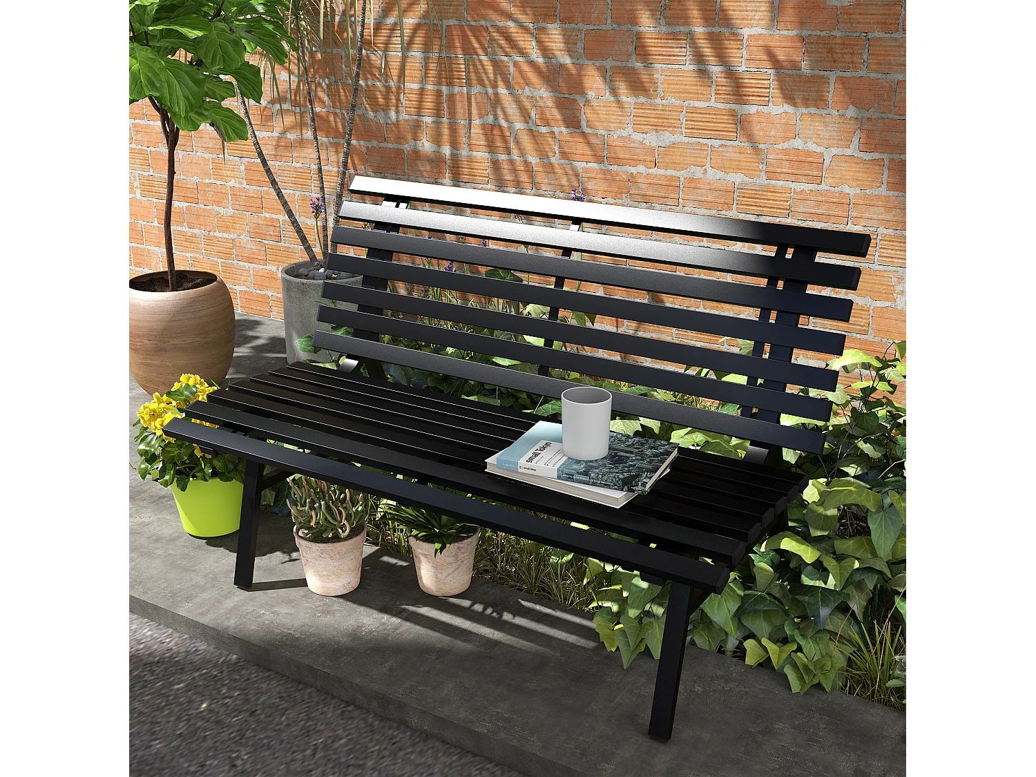 Panchina da giardino 2 posti a doghe in alluminio nero