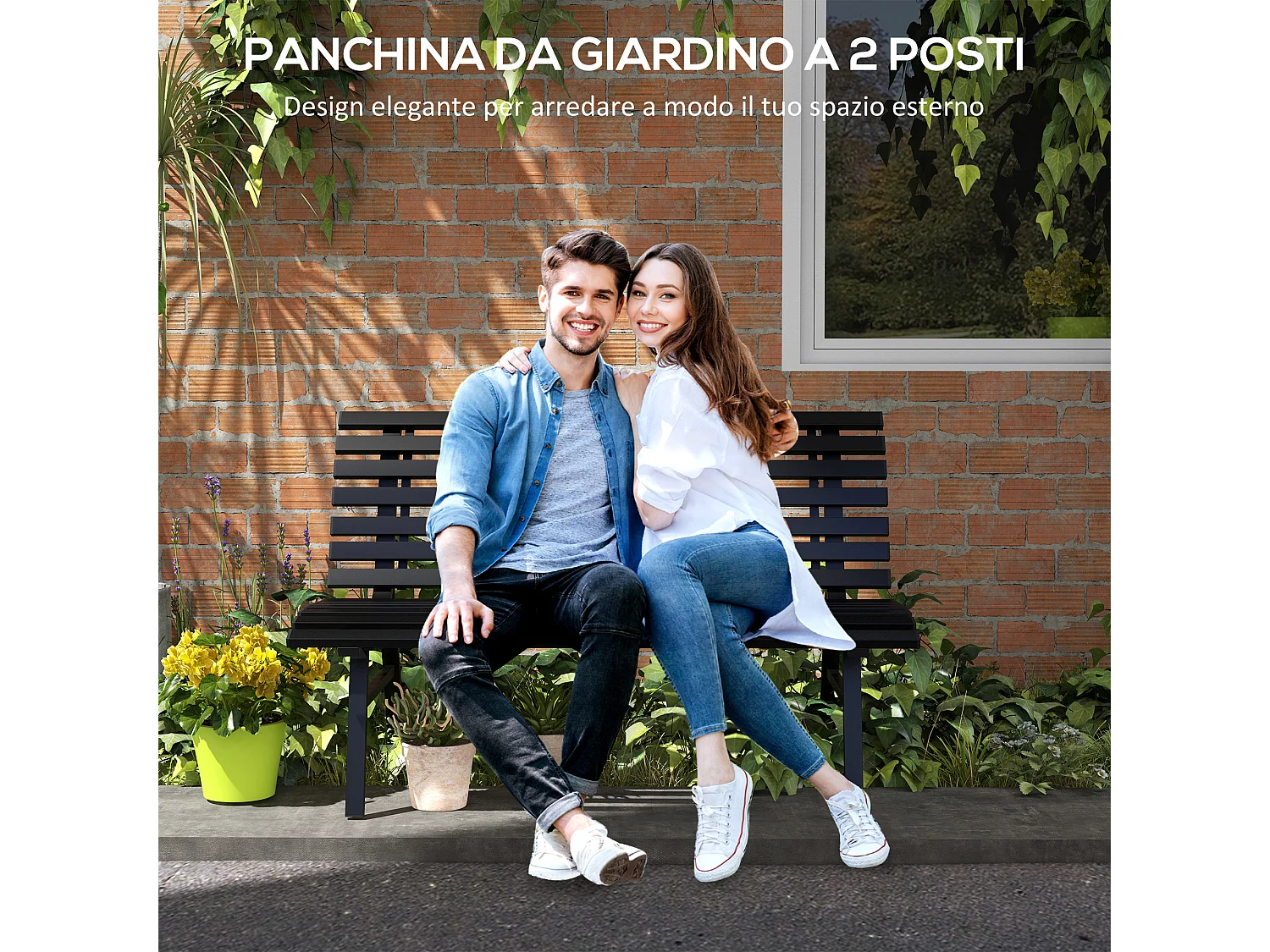 Panchina da giardino 2 posti a doghe in alluminio nero