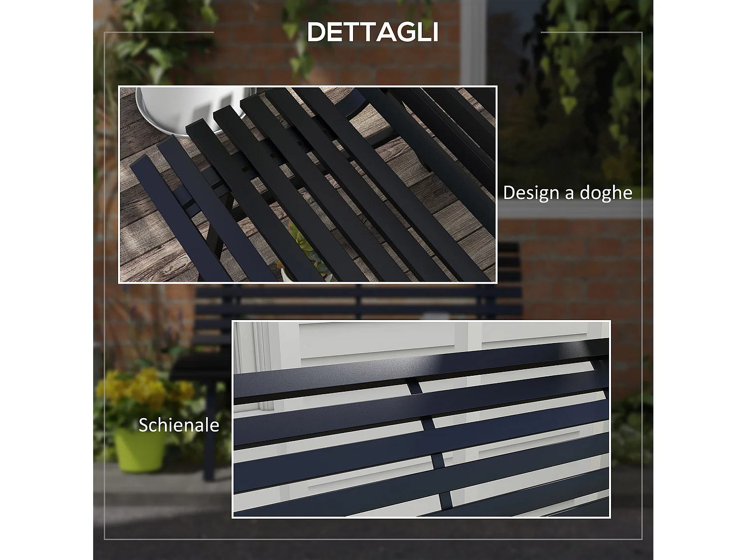 Panchina da giardino 2 posti a doghe in alluminio nero