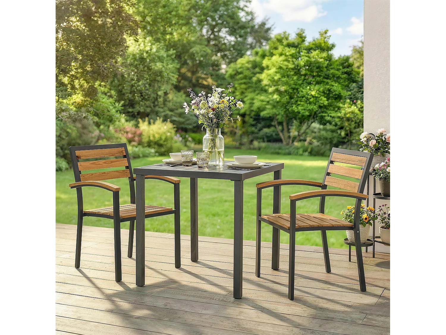 Set 2 sedie esterno impilabili metallo legno naturale