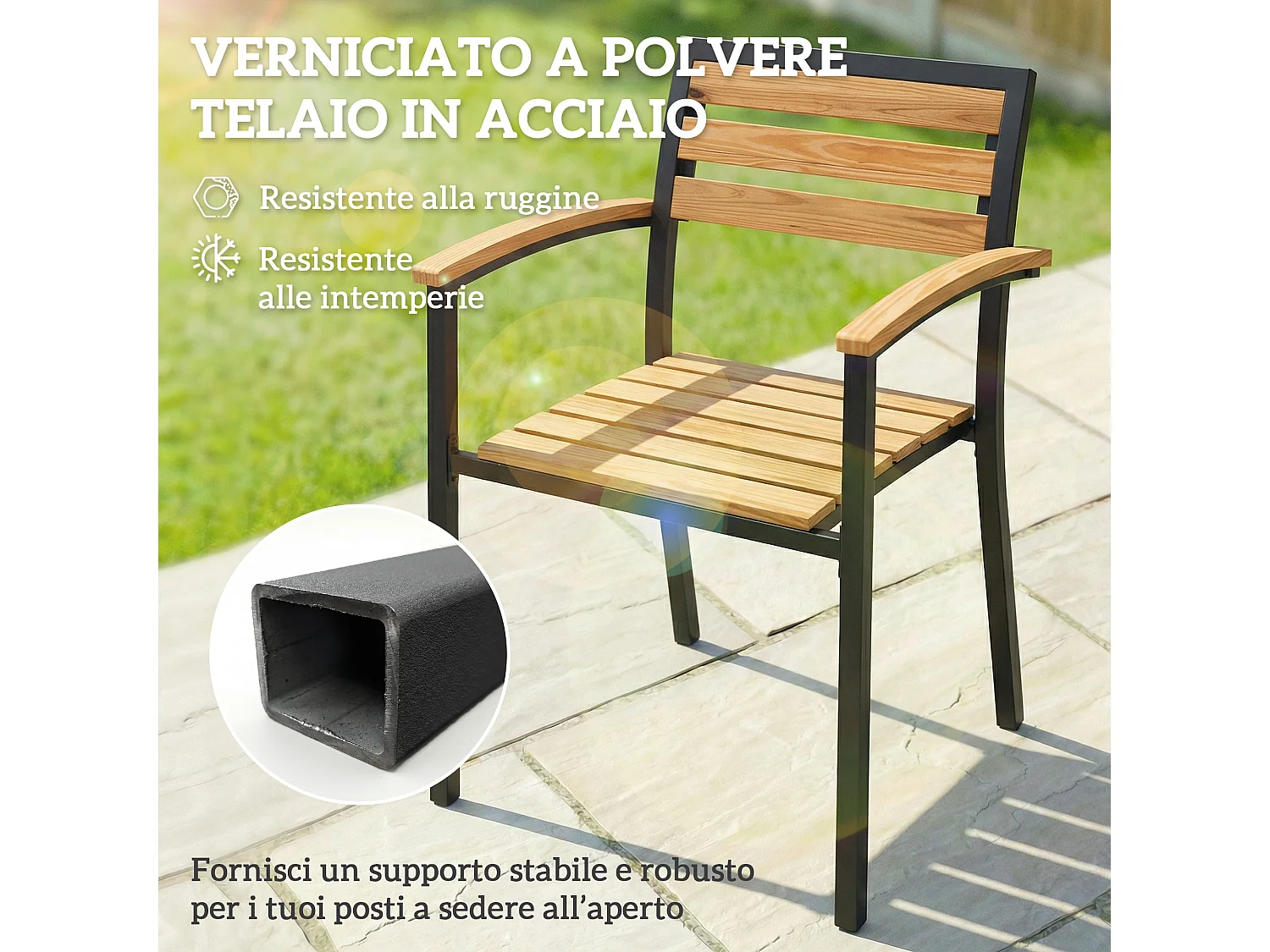 Set 2 sedie esterno impilabili metallo legno naturale