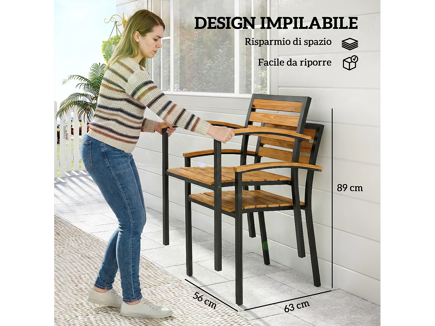 Set 2 sedie esterno impilabili metallo legno naturale