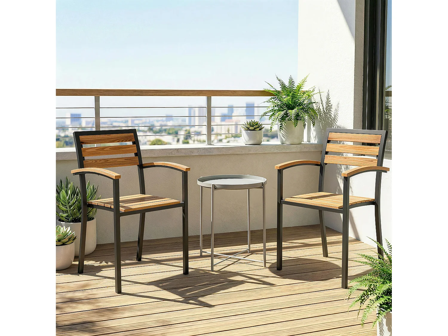 Set 2 sedie esterno impilabili metallo legno naturale