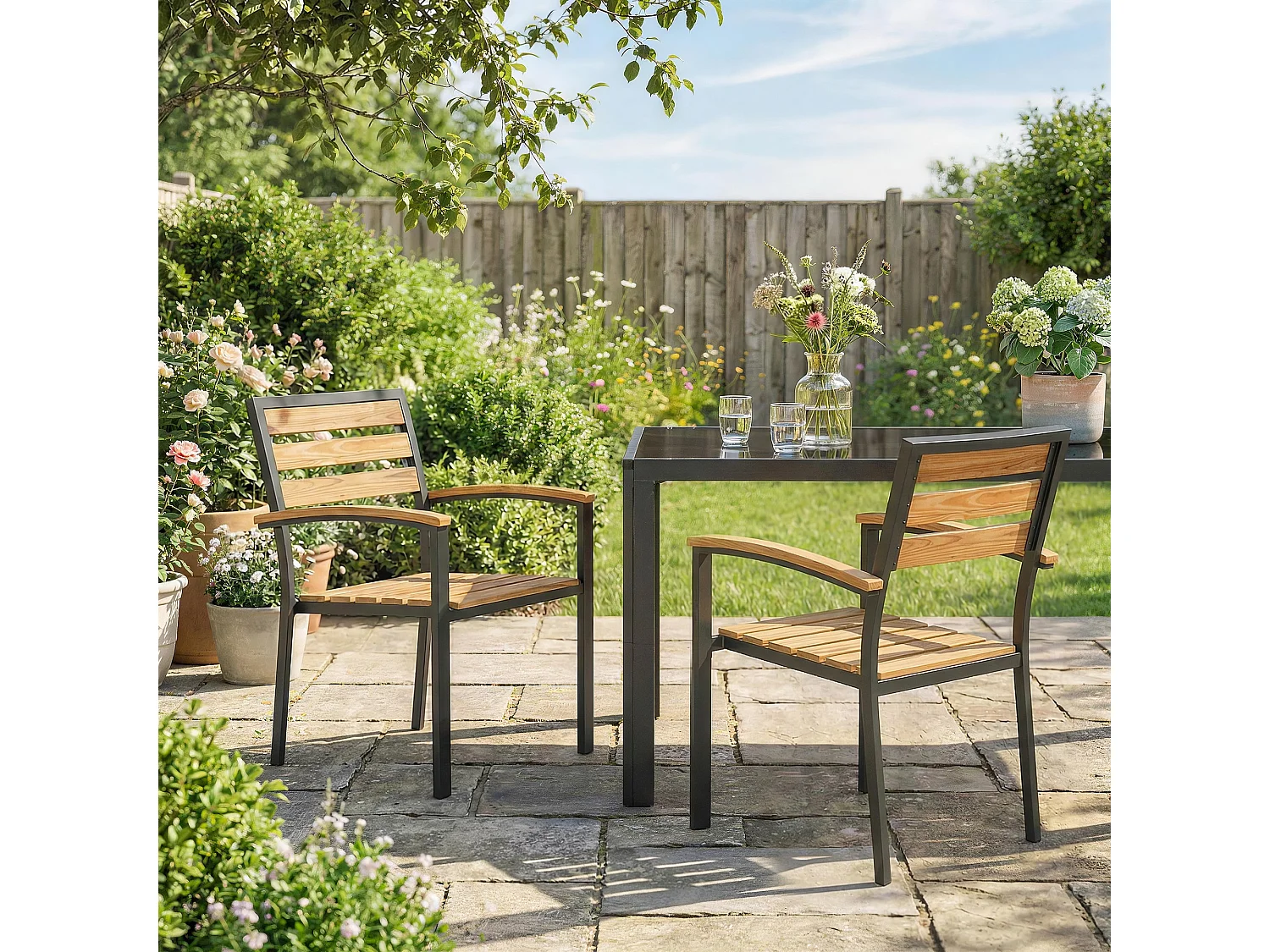 Set 2 sedie esterno impilabili metallo legno naturale