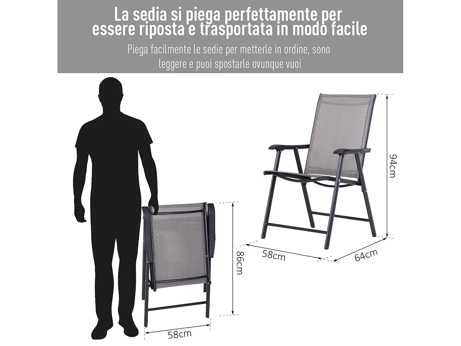 Set 2 Sedie Pieghevoli da Giardino con Braccioli in Metallo e Texteline per Esterno Interno