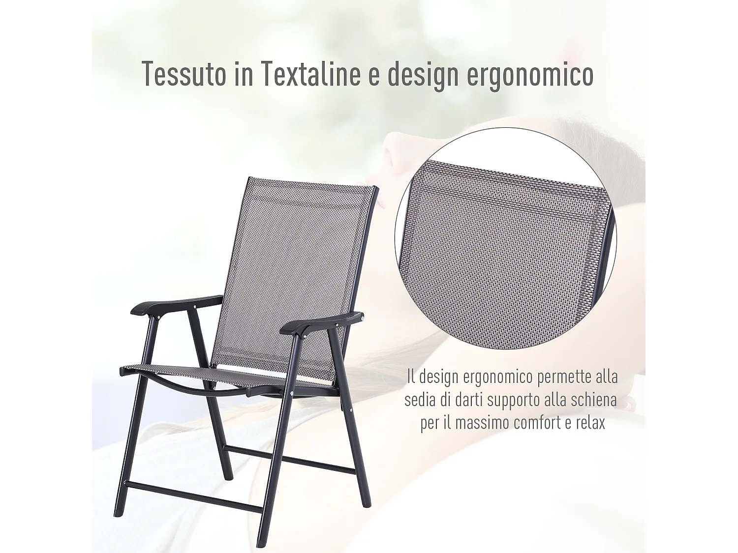 Set 2 Sedie Pieghevoli da Giardino con Braccioli in Metallo e Texteline per Esterno Interno