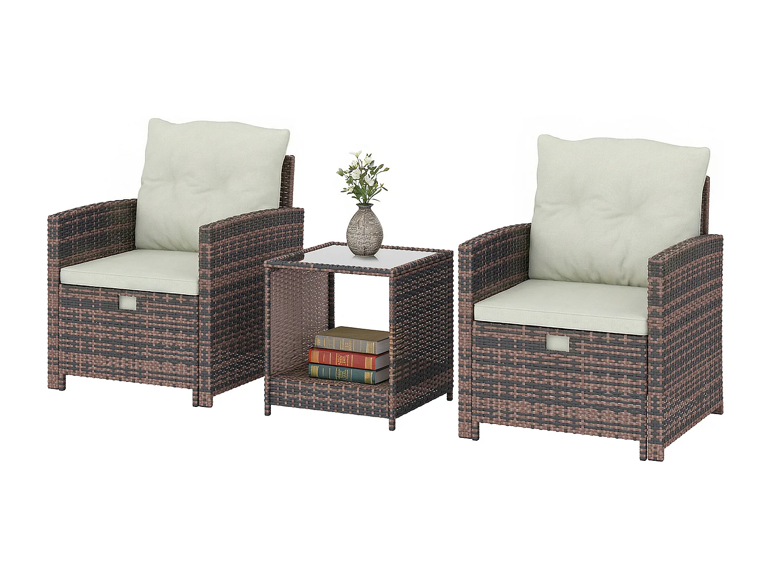 Set da esterno con 2 pouf 2 sedie tavolino marrone crema