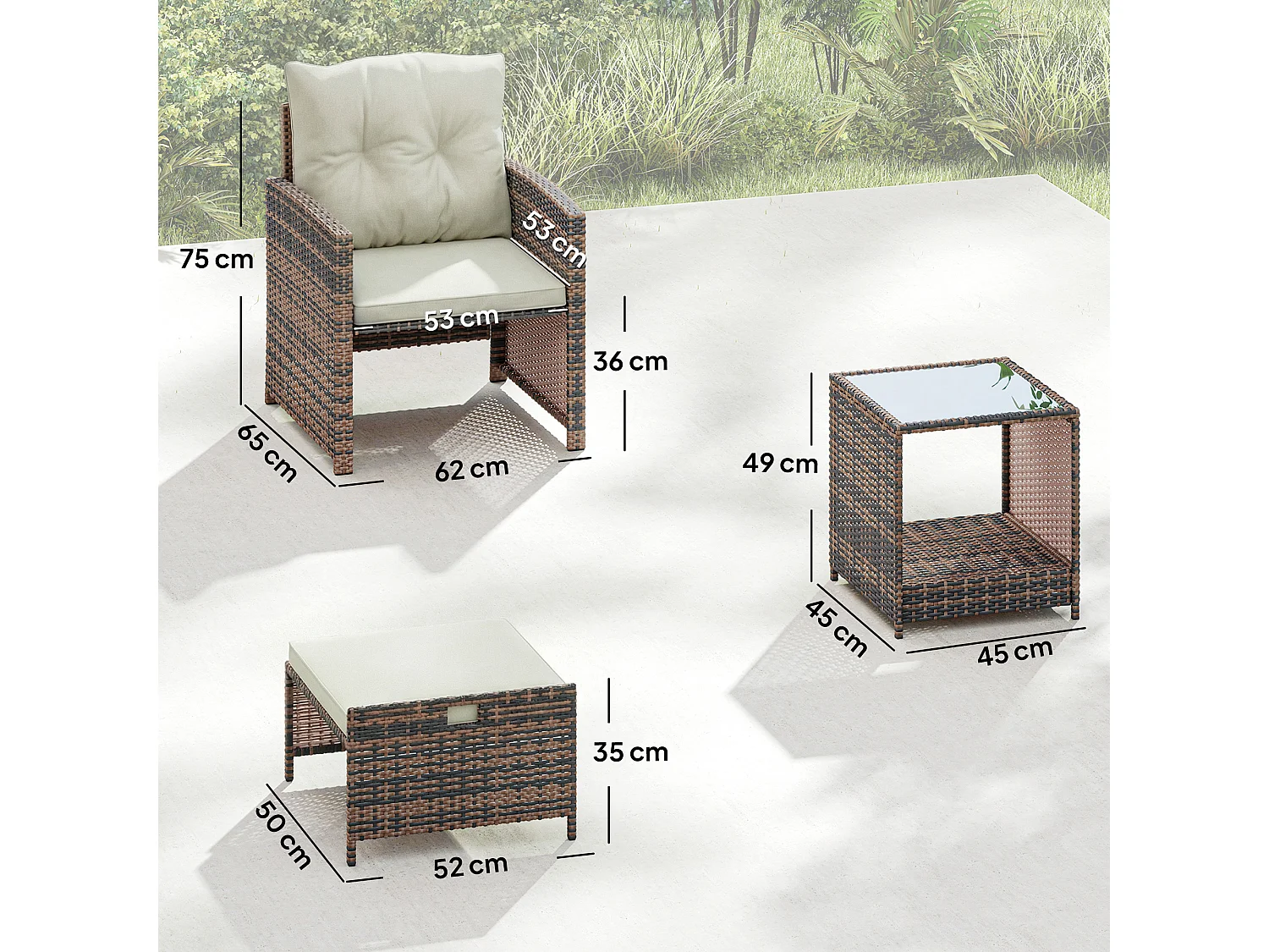 Set da esterno con 2 pouf 2 sedie tavolino marrone crema