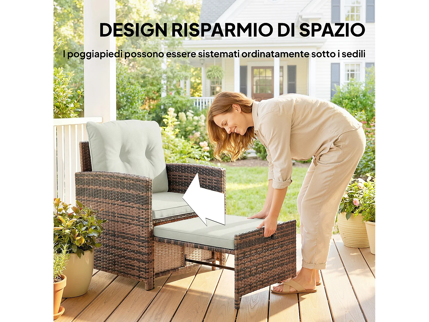 Set da esterno con 2 pouf 2 sedie tavolino marrone crema