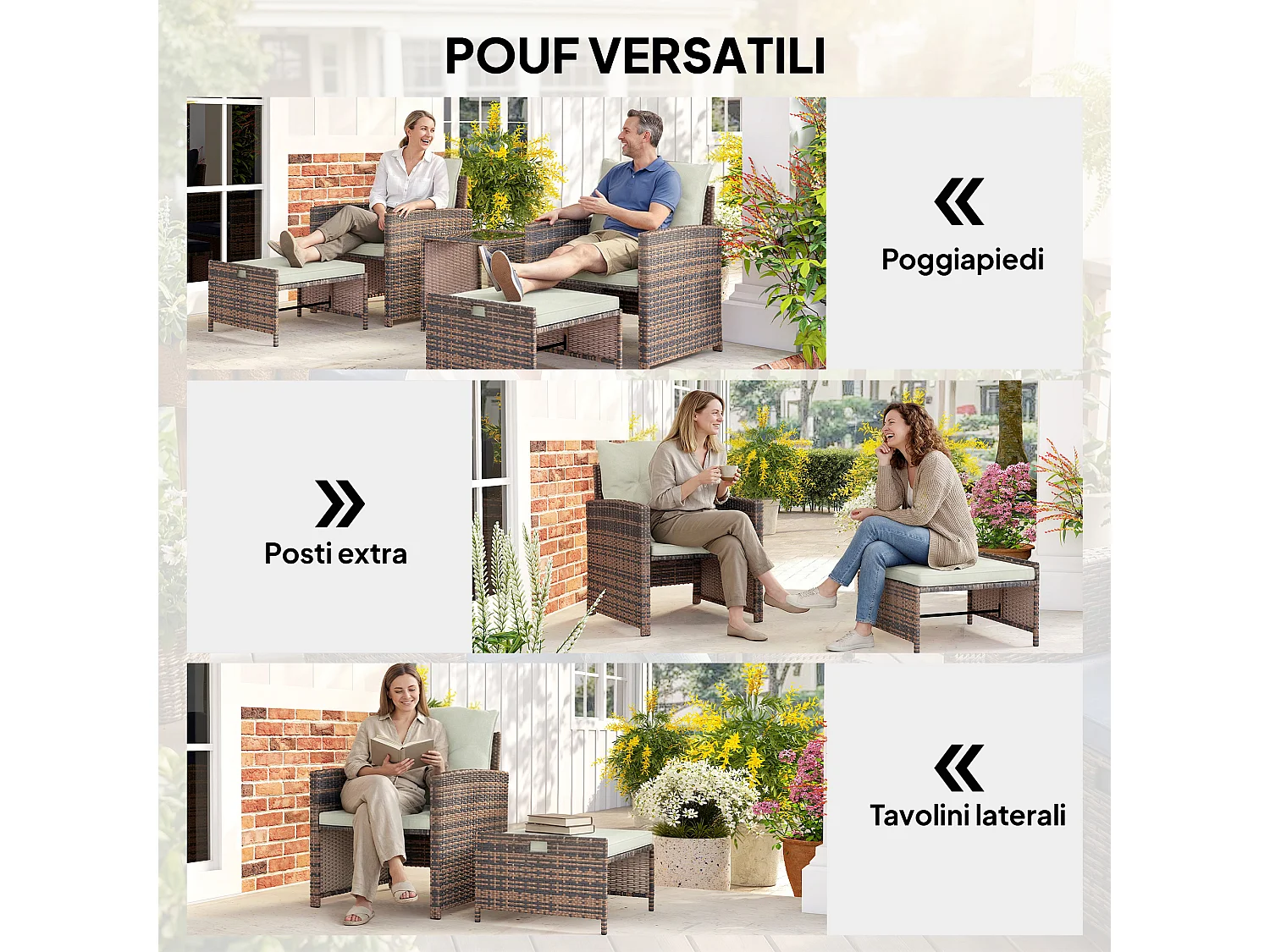 Set da esterno con 2 pouf 2 sedie tavolino marrone crema