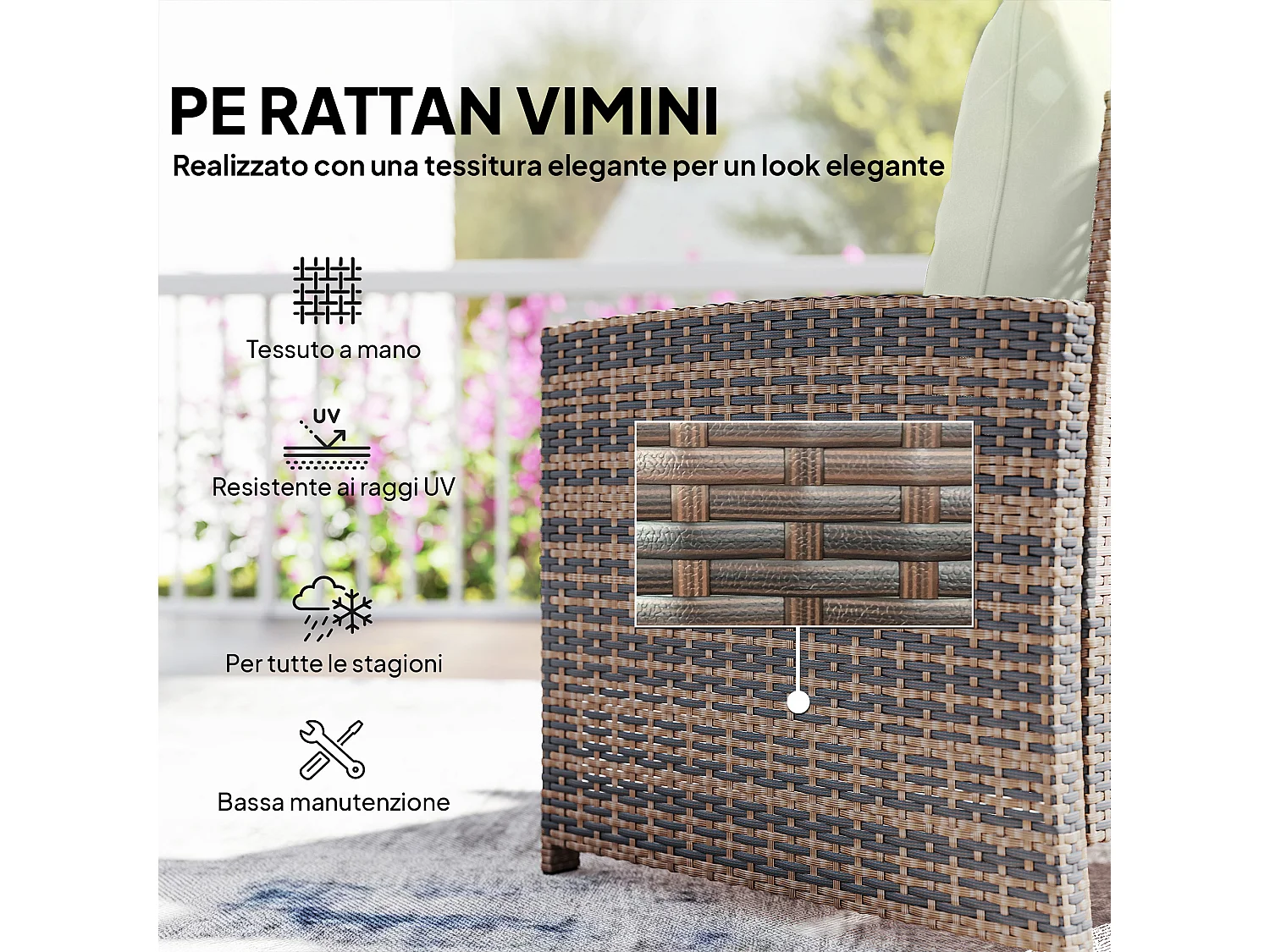 Set da esterno con 2 pouf 2 sedie tavolino marrone crema