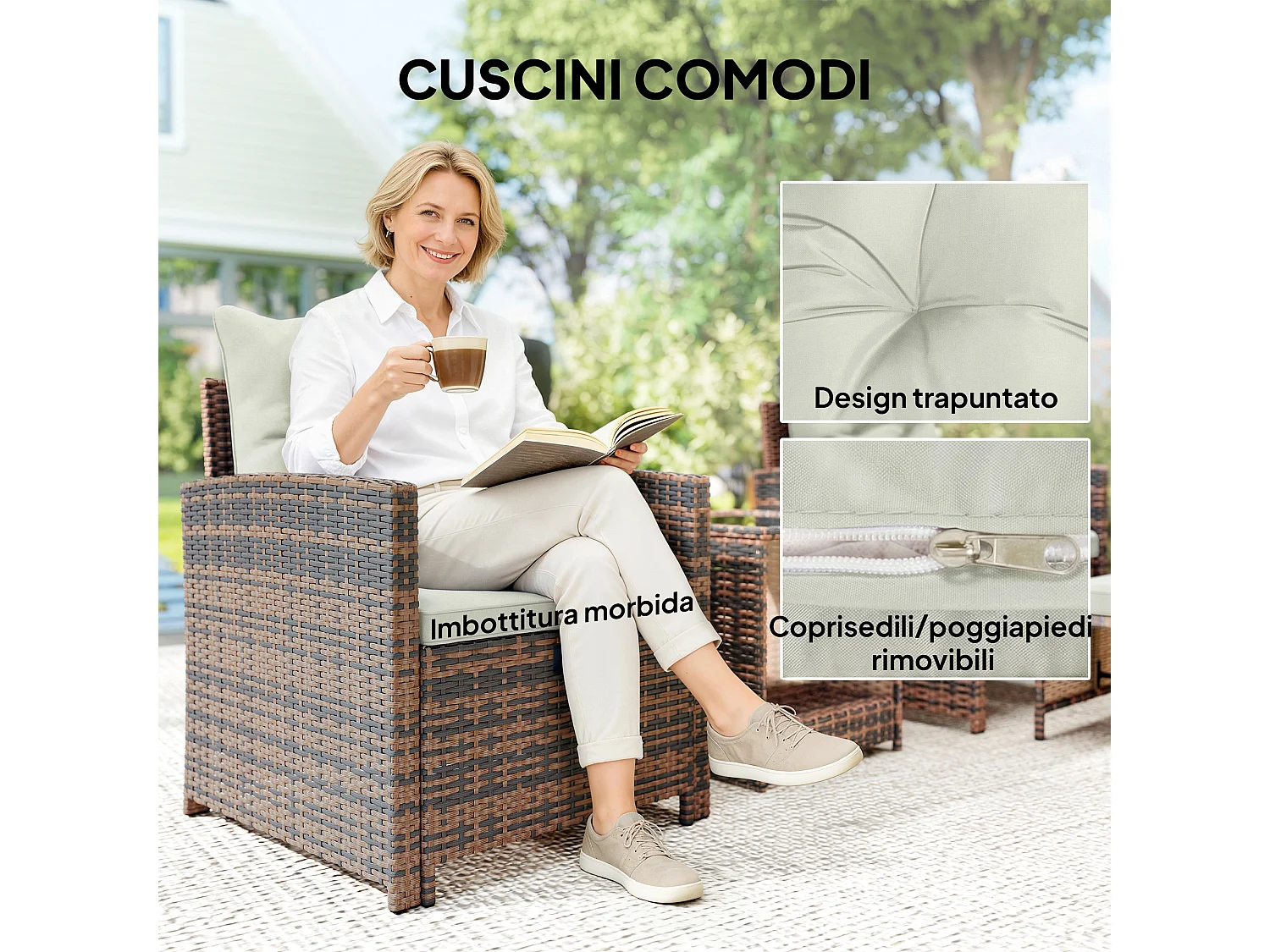 Set da esterno con 2 pouf 2 sedie tavolino marrone crema