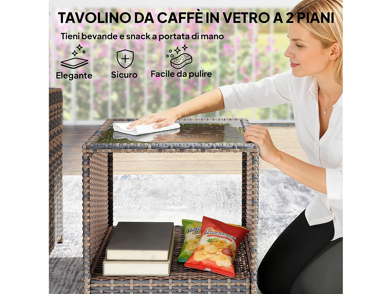 Set da esterno con 2 pouf 2 sedie tavolino marrone crema