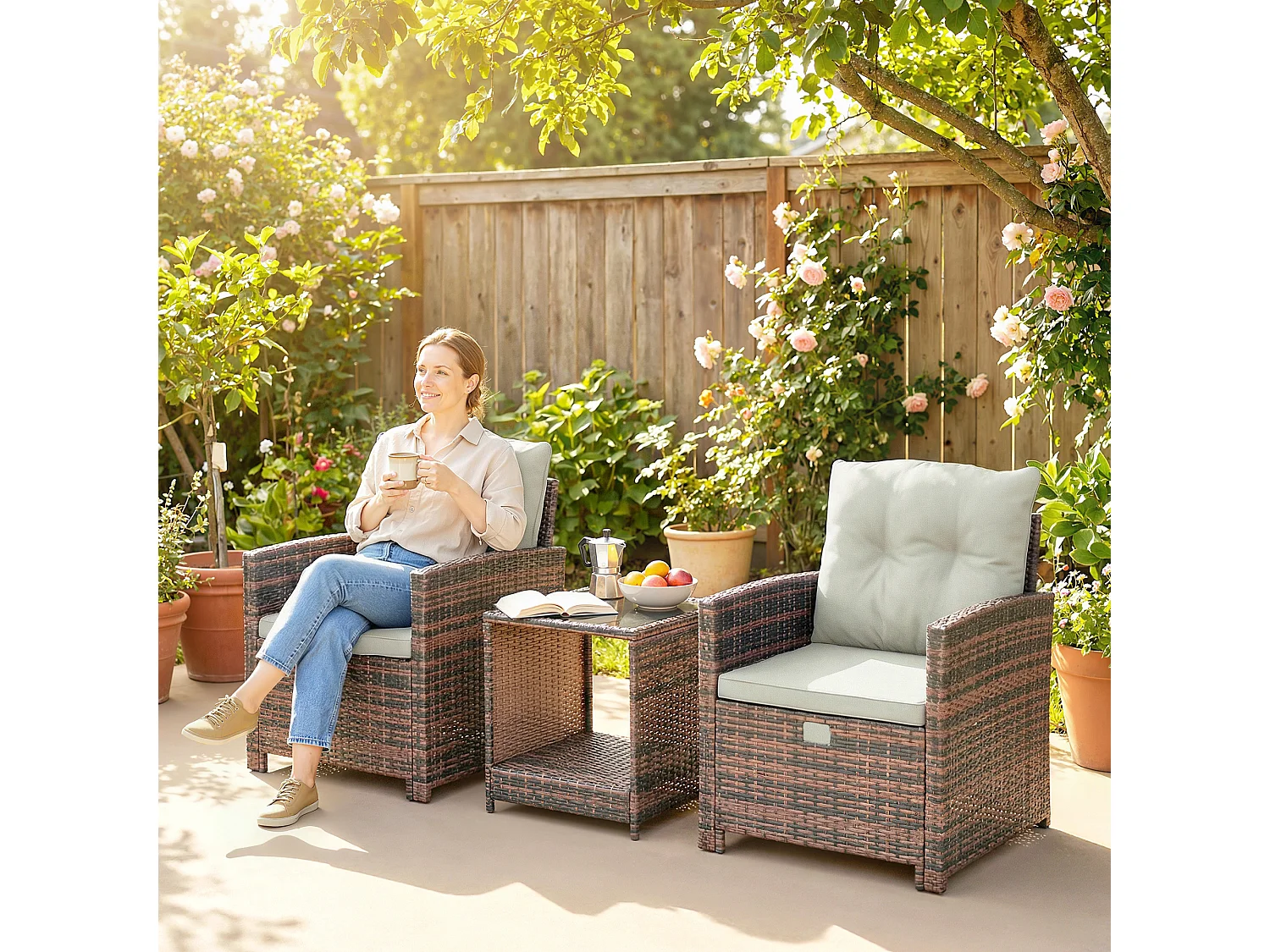 Set da esterno con 2 pouf 2 sedie tavolino marrone crema