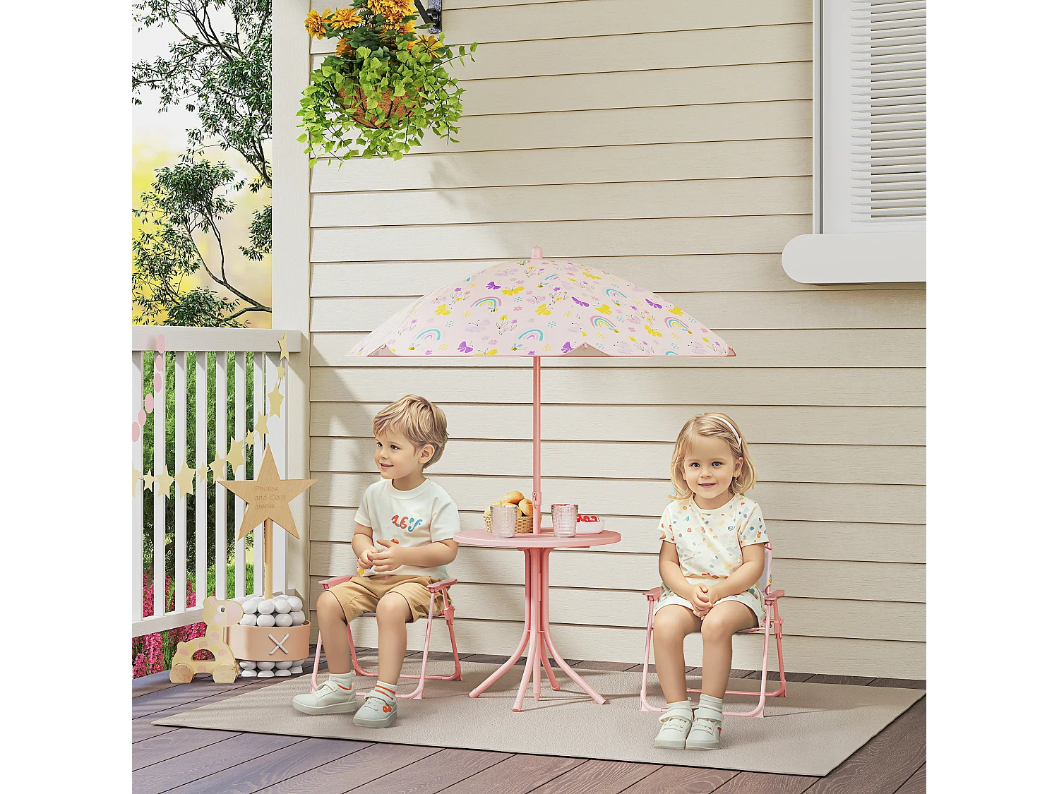 Set da giardino con tavolo 2 sedie e ombrellone per bambini rosa