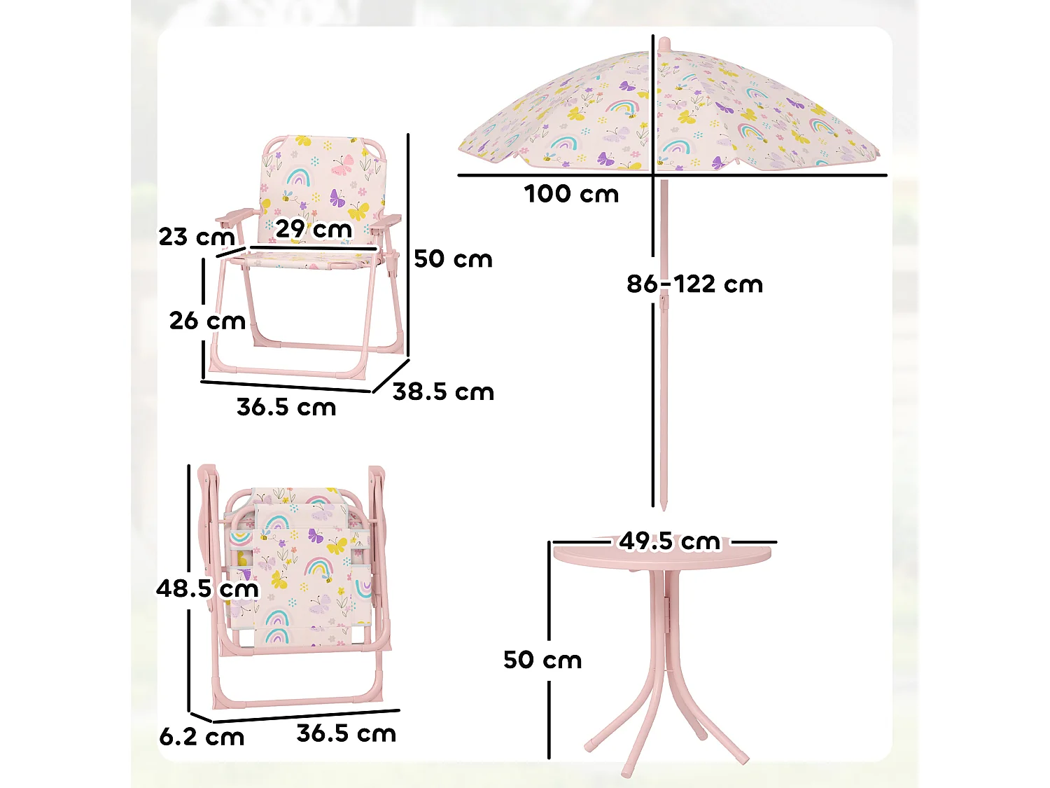 Set da giardino con tavolo 2 sedie e ombrellone per bambini rosa