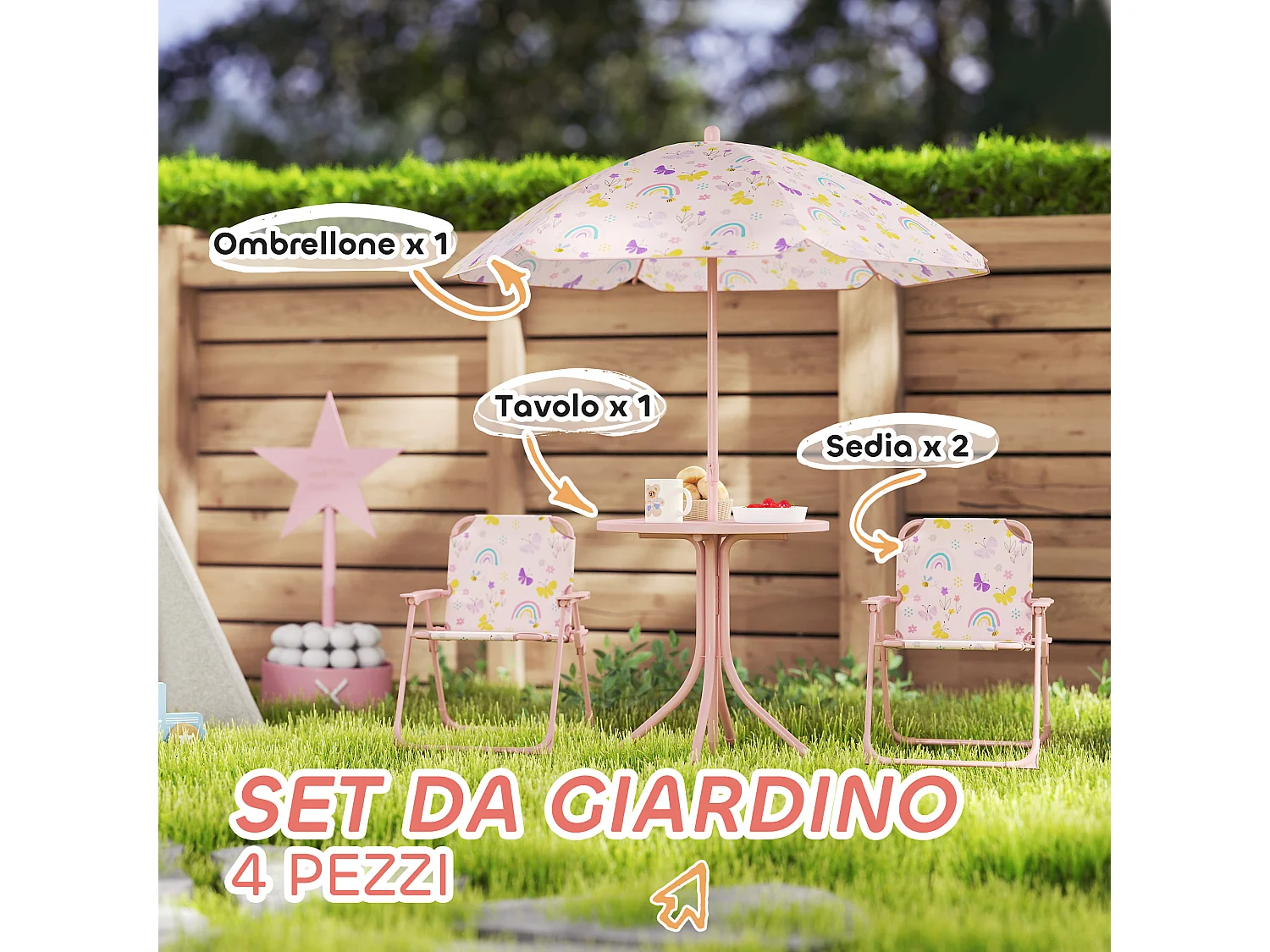 Set da giardino con tavolo 2 sedie e ombrellone per bambini rosa