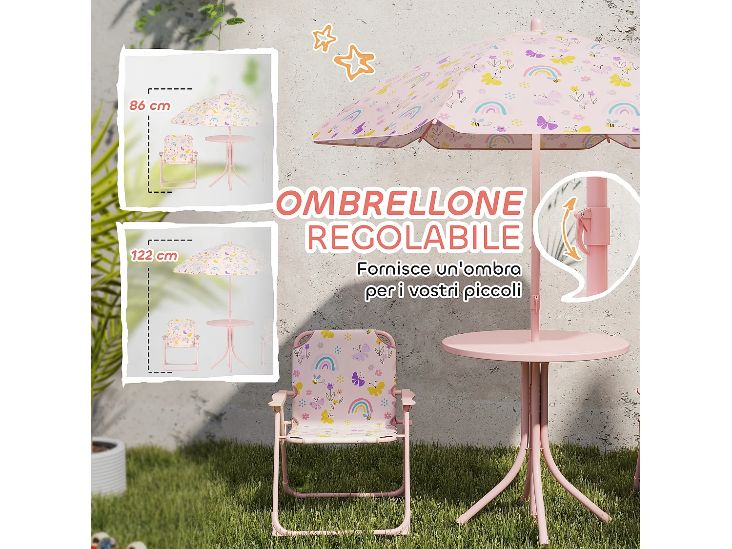 Set da giardino con tavolo 2 sedie e ombrellone per bambini rosa