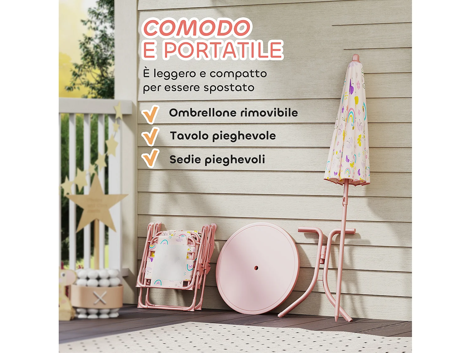 Set da giardino con tavolo 2 sedie e ombrellone per bambini rosa