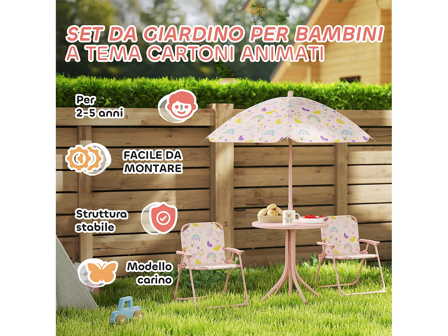Set da giardino con tavolo 2 sedie e ombrellone per bambini rosa