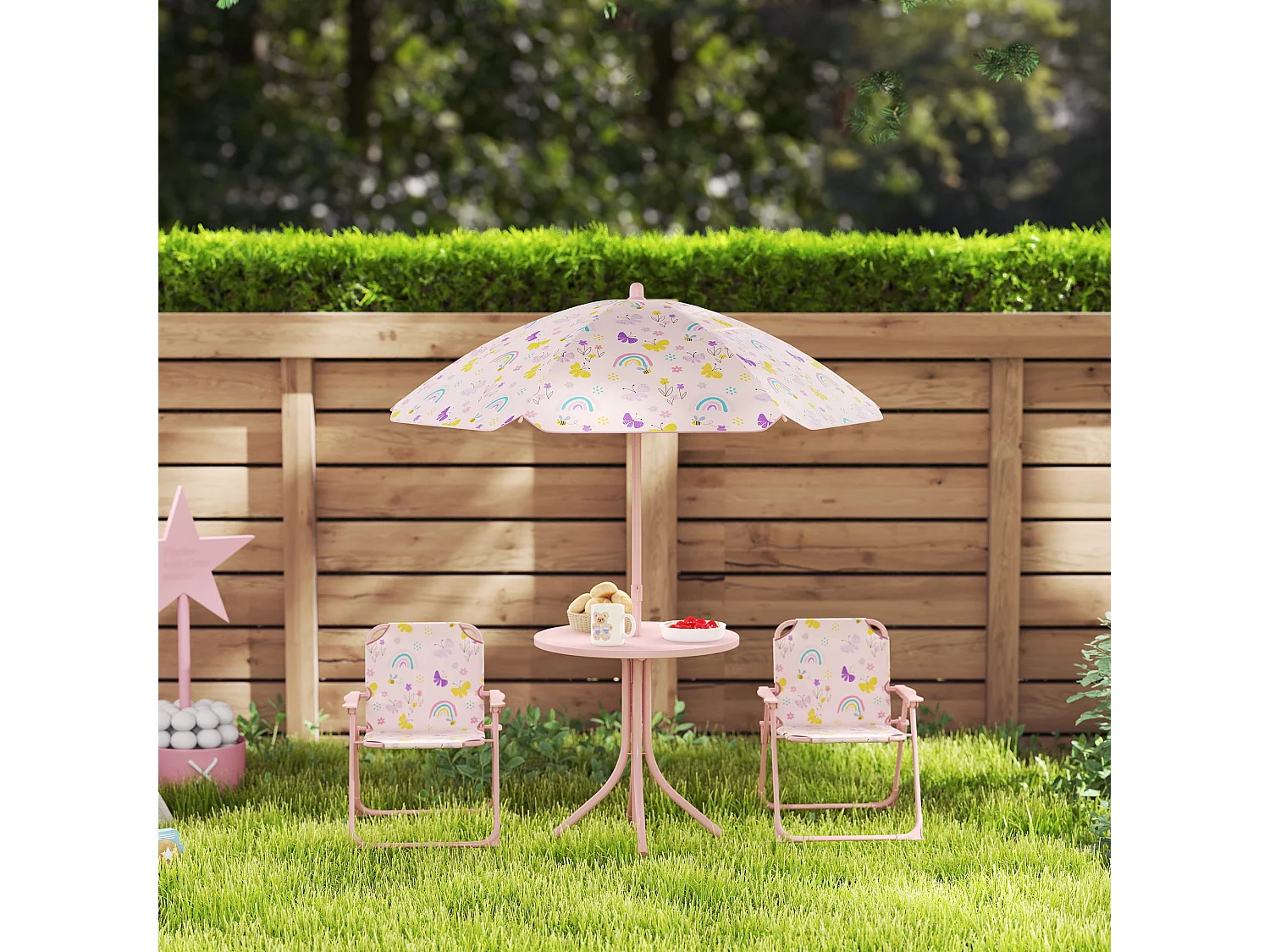 Set da giardino con tavolo 2 sedie e ombrellone per bambini rosa