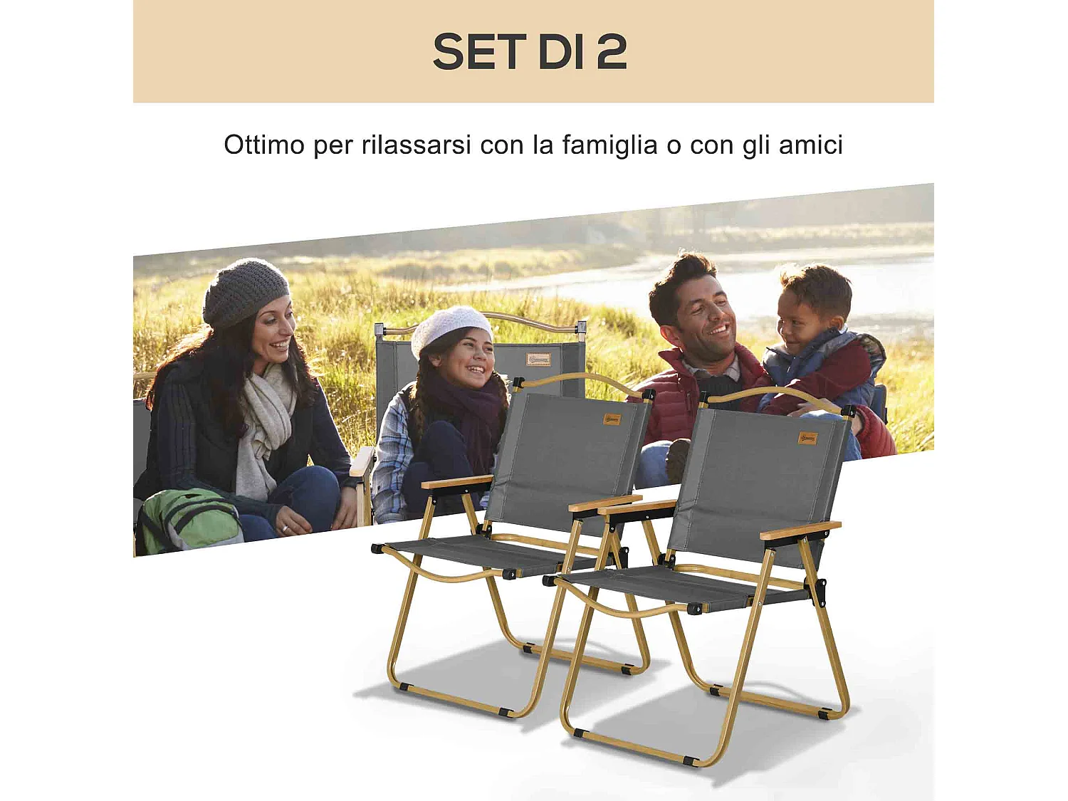Set di 2 sedie da giardino pieghevoli con braccioli grigio