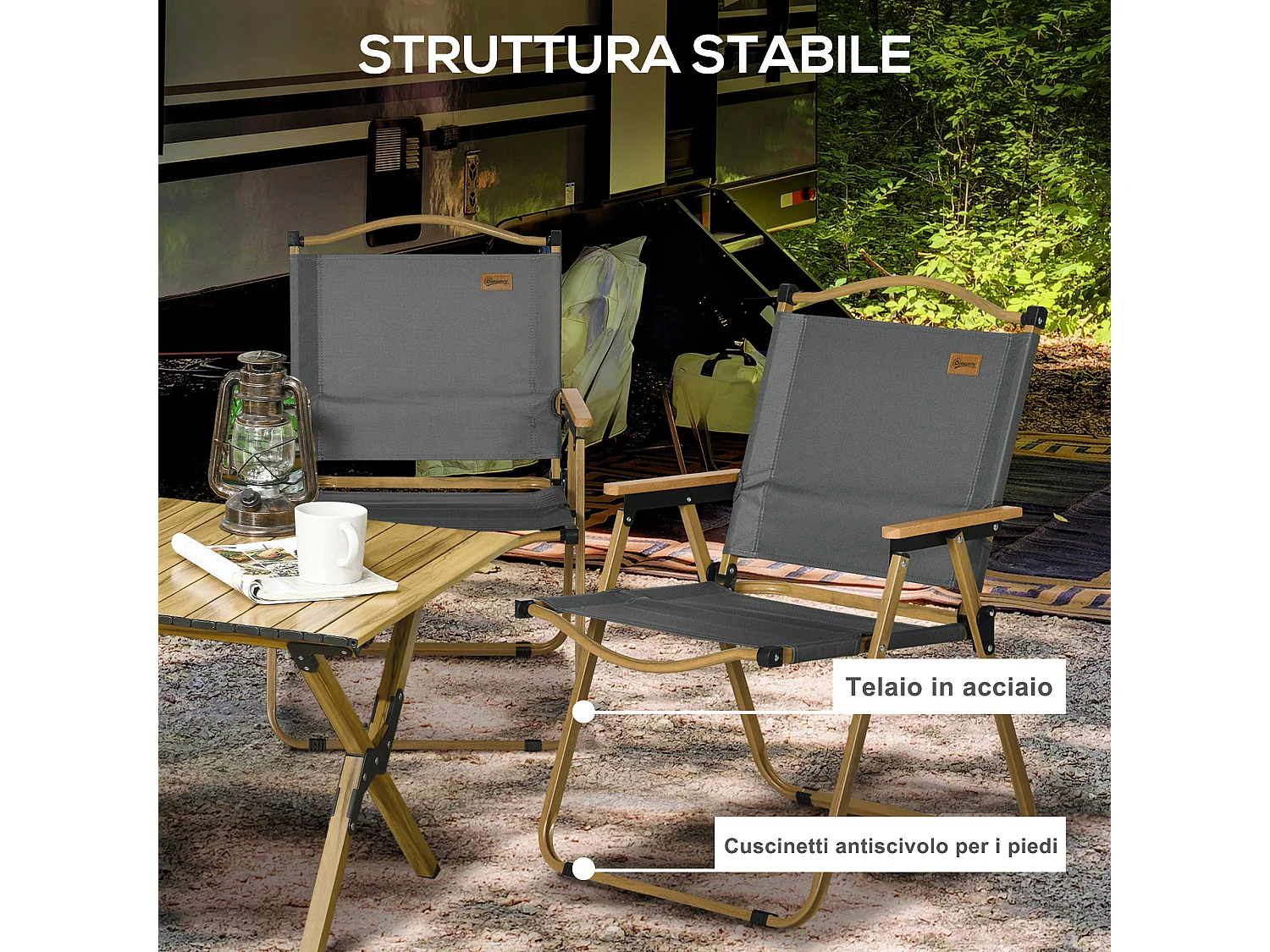 Set di 2 sedie da giardino pieghevoli con braccioli grigio