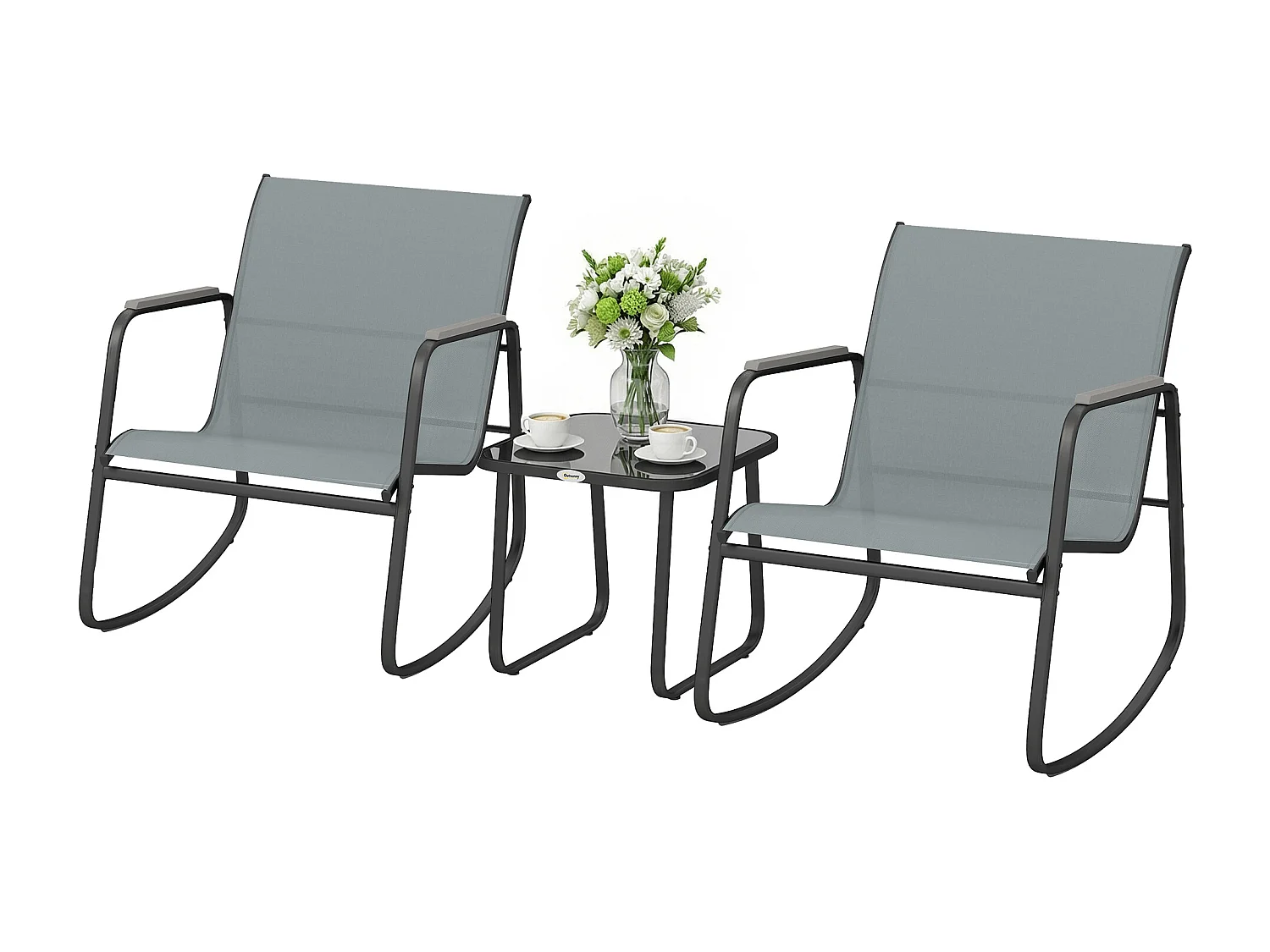 Set da giardino con 2 sedie a dondolo e tavolino in vetro grigio