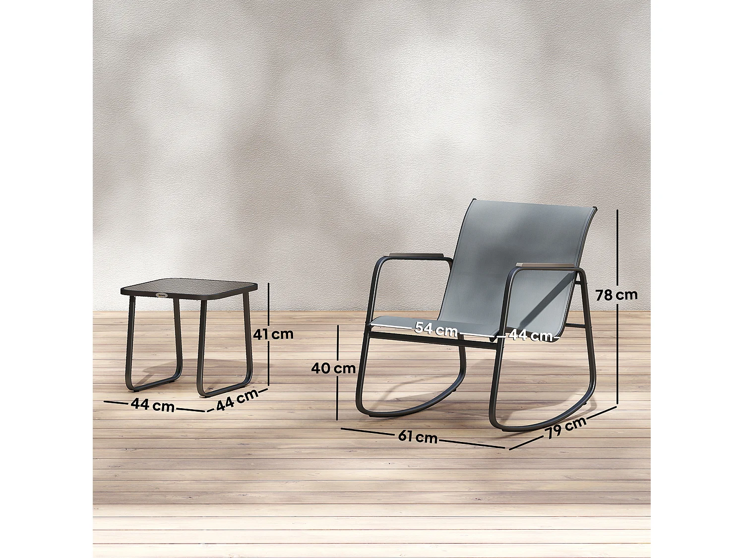 Set da giardino con 2 sedie a dondolo e tavolino in vetro grigio