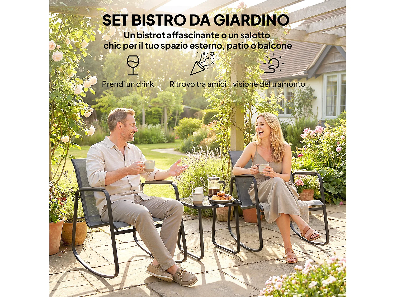 Set da giardino con 2 sedie a dondolo e tavolino in vetro grigio