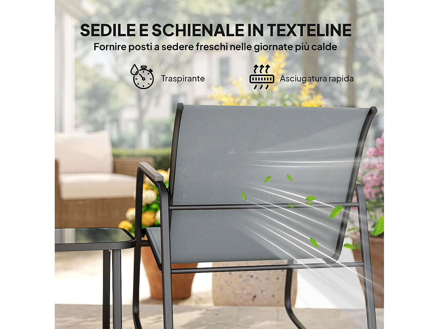 Set da giardino con 2 sedie a dondolo e tavolino in vetro grigio