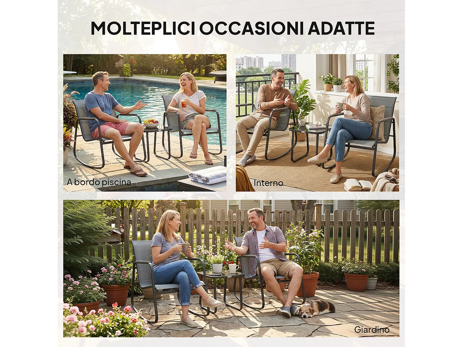 Set da giardino con 2 sedie a dondolo e tavolino in vetro grigio