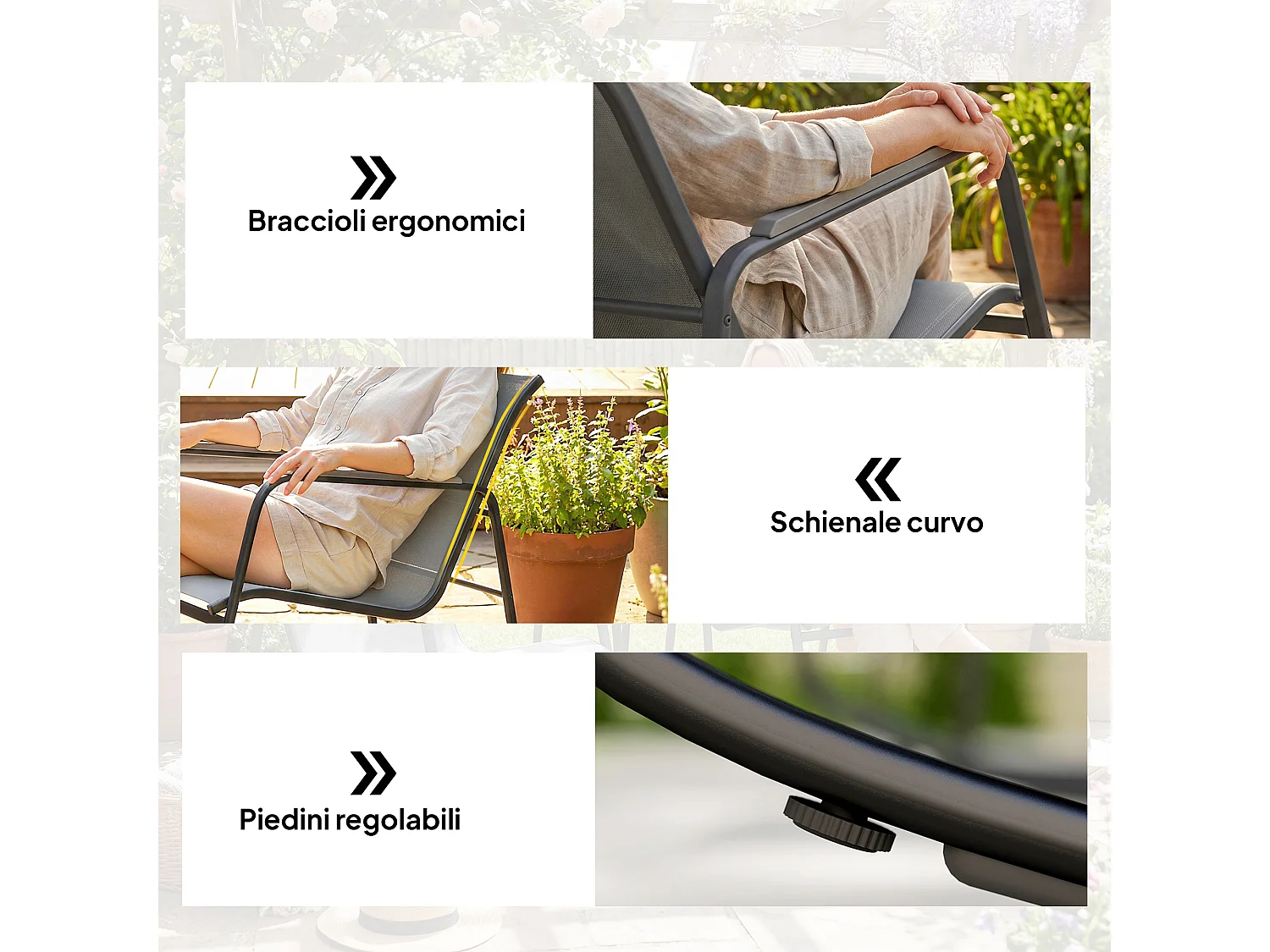 Set da giardino con 2 sedie a dondolo e tavolino in vetro grigio