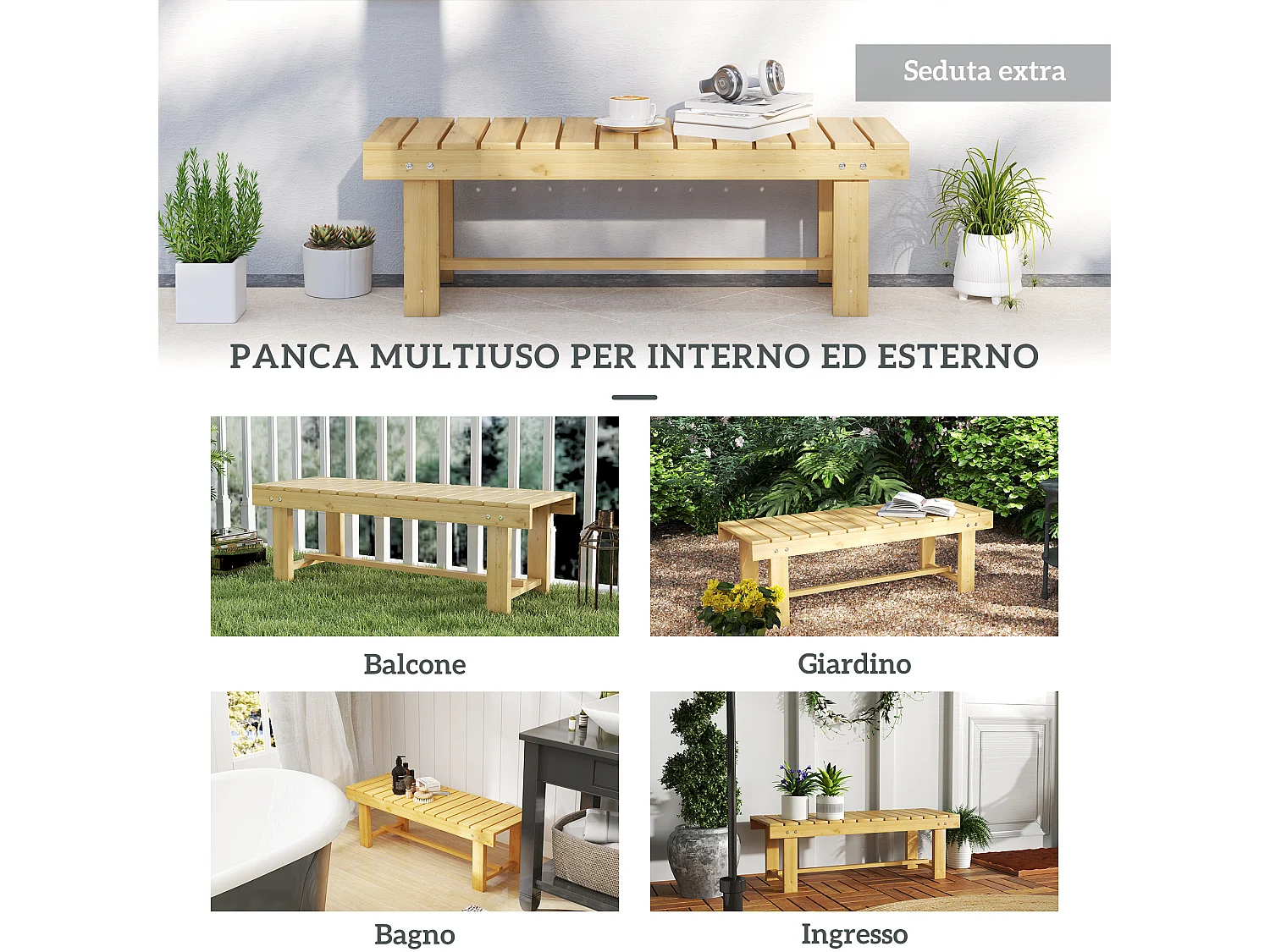 Panchina da giardino a 2 posti impermeabile in legno di abete