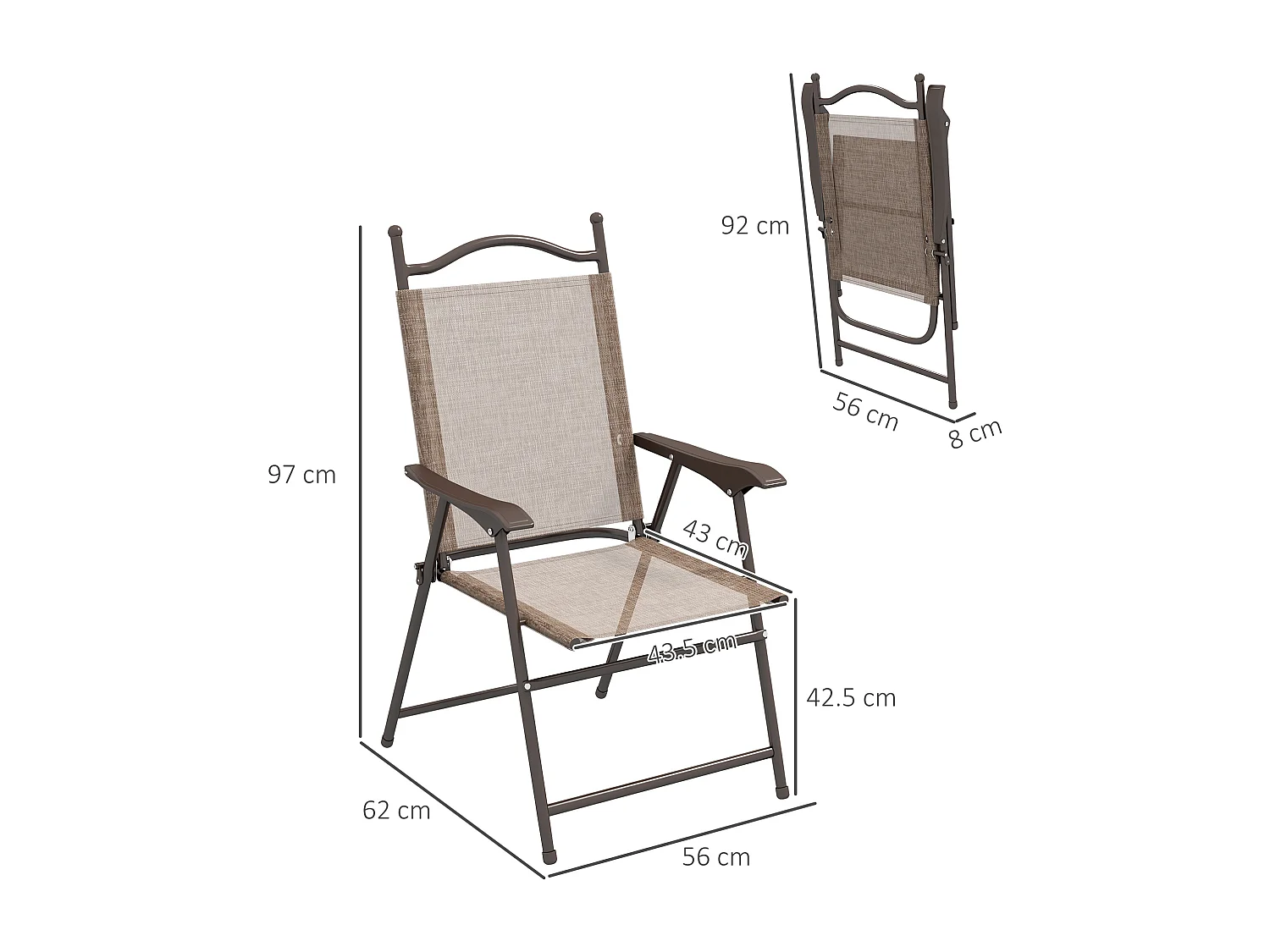 Set di 2 sedie da giardino pieghevoli in tessuto con braccioli marrone