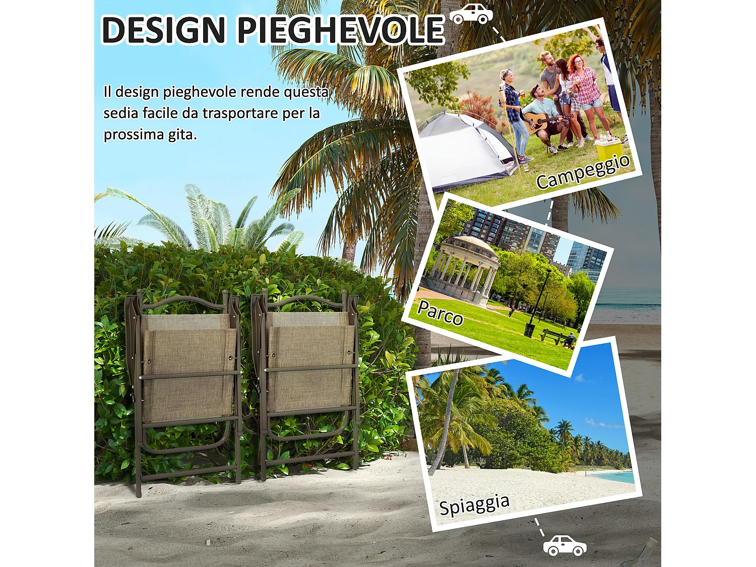 Set di 2 sedie da giardino pieghevoli in tessuto con braccioli marrone