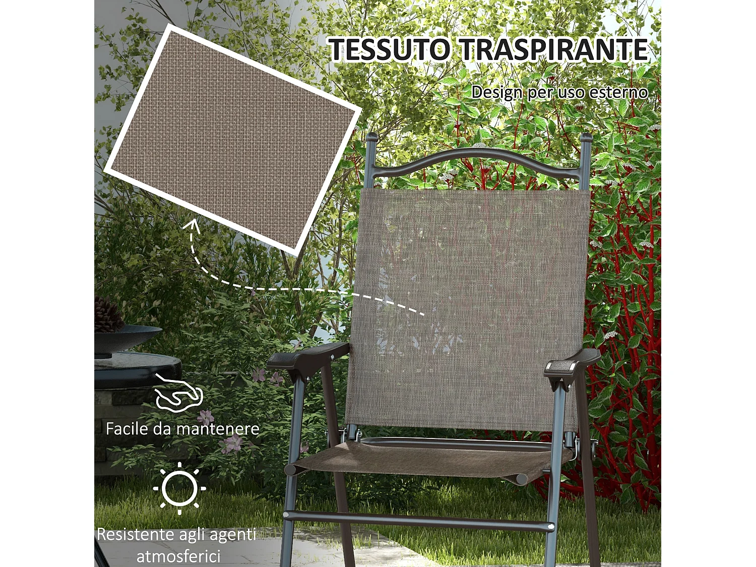 Set di 2 sedie da giardino pieghevoli in tessuto con braccioli marrone