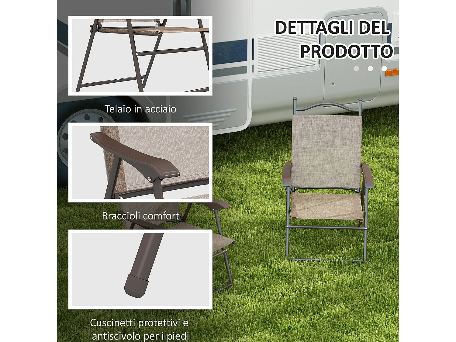 Set di 2 sedie da giardino pieghevoli in tessuto con braccioli marrone