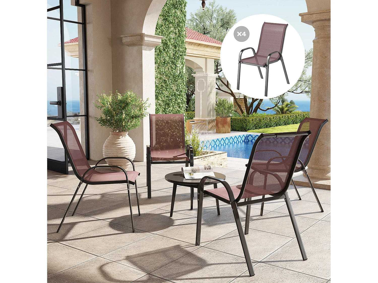 Set 4 sedie da giardino impilabili e traspiranti 54x71x93 cm marrone