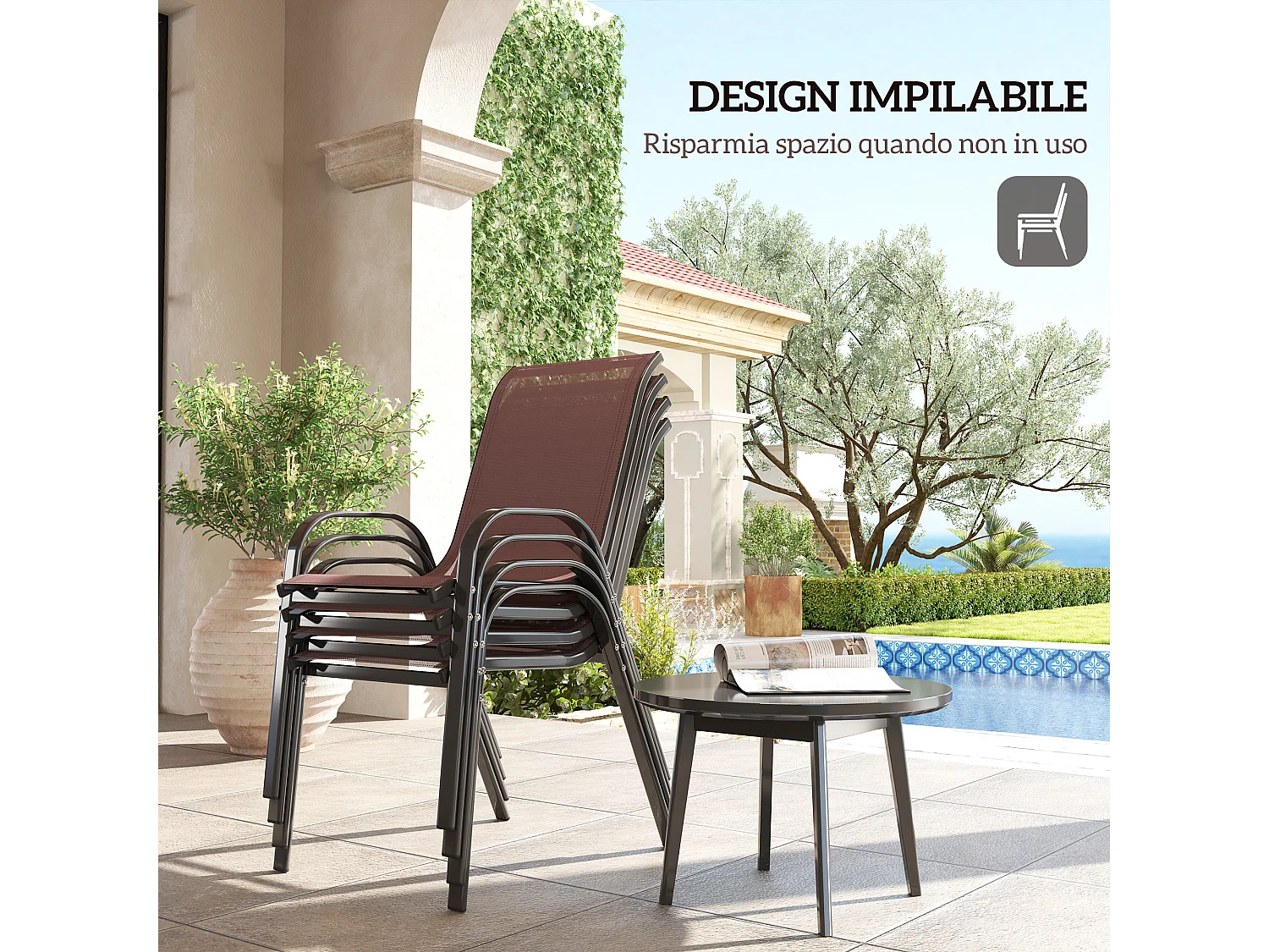 Set 4 sedie da giardino impilabili e traspiranti 54x71x93 cm marrone