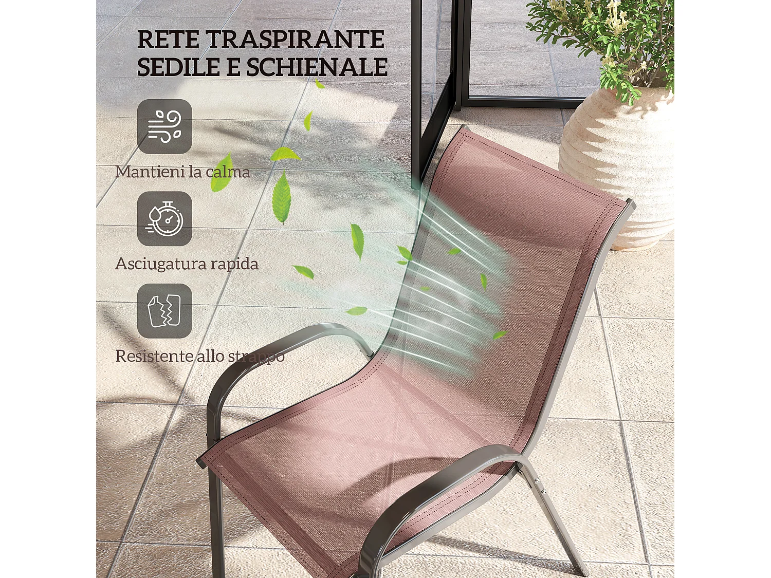 Set 4 sedie da giardino impilabili e traspiranti 54x71x93 cm marrone