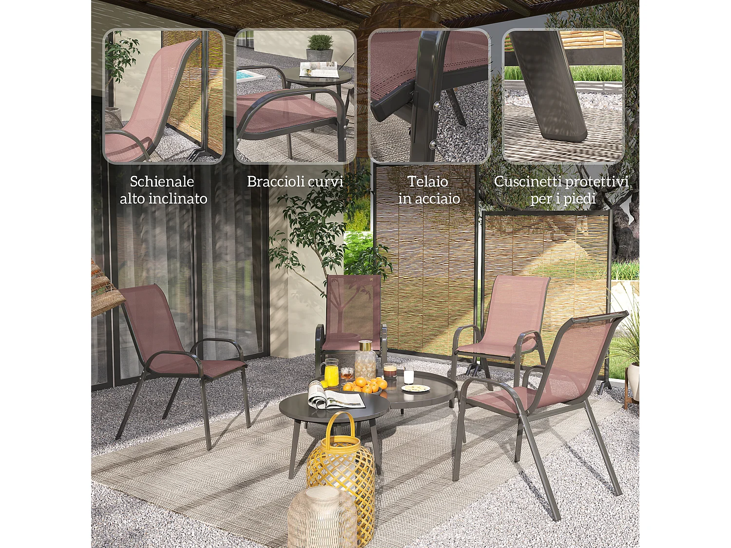 Set 4 sedie da giardino impilabili e traspiranti 54x71x93 cm marrone