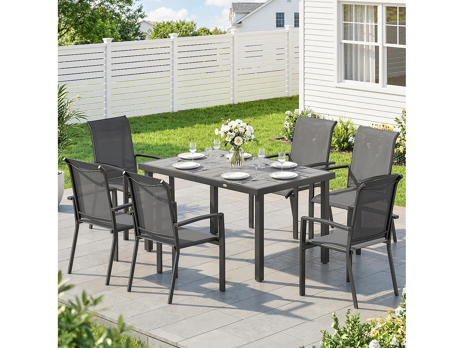 Set tavolo e sedie impilabili da giardino 7 pezzi in texteline grigio
