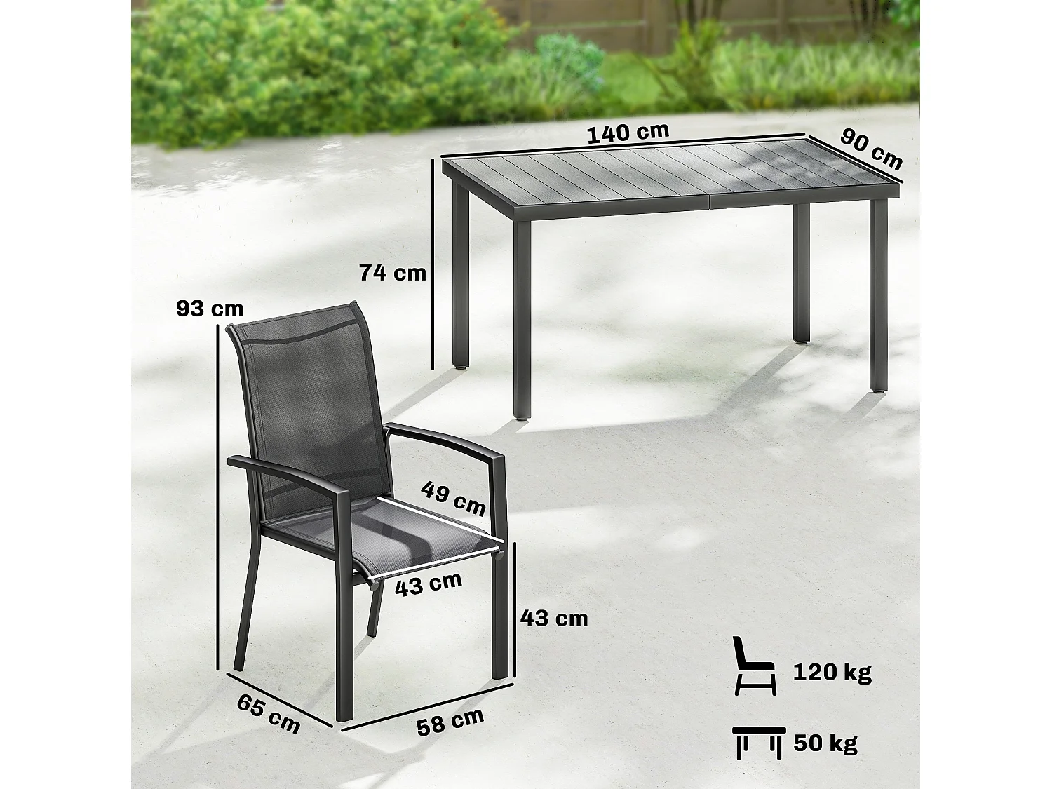 Set tavolo e sedie impilabili da giardino 7 pezzi in texteline grigio