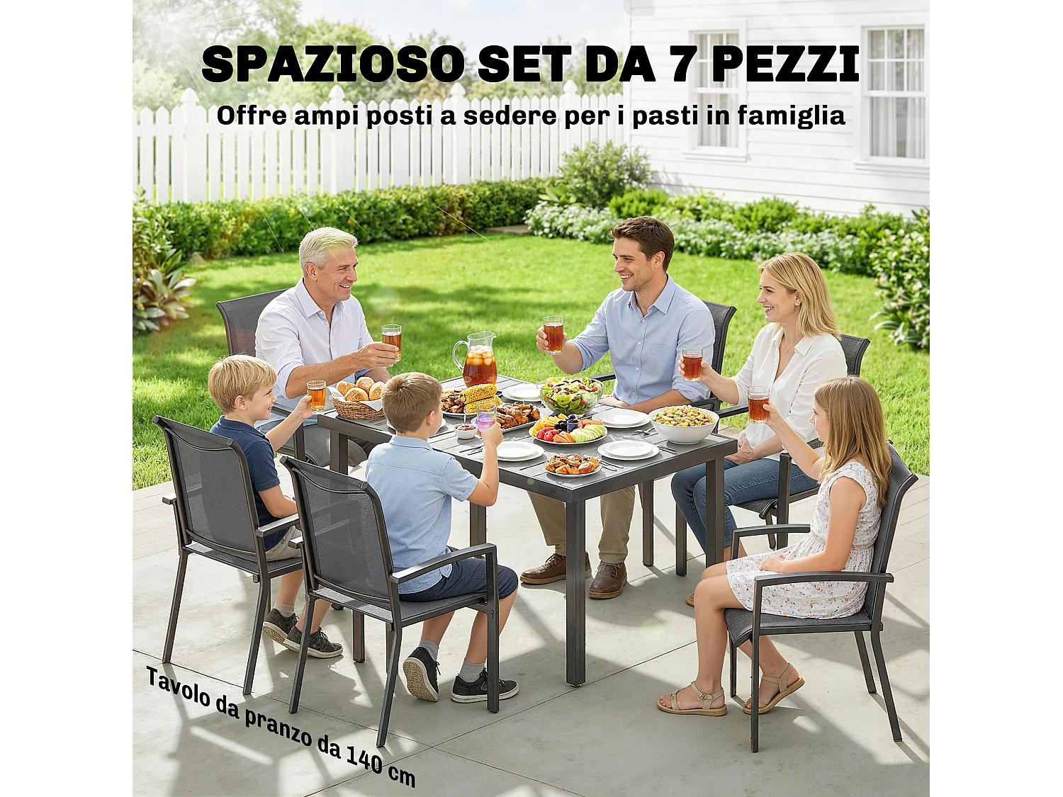 Set tavolo e sedie impilabili da giardino 7 pezzi in texteline grigio