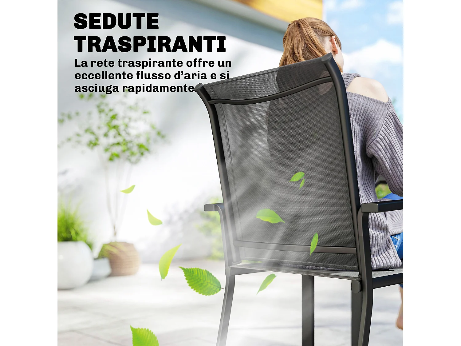 Set tavolo e sedie impilabili da giardino 7 pezzi in texteline grigio