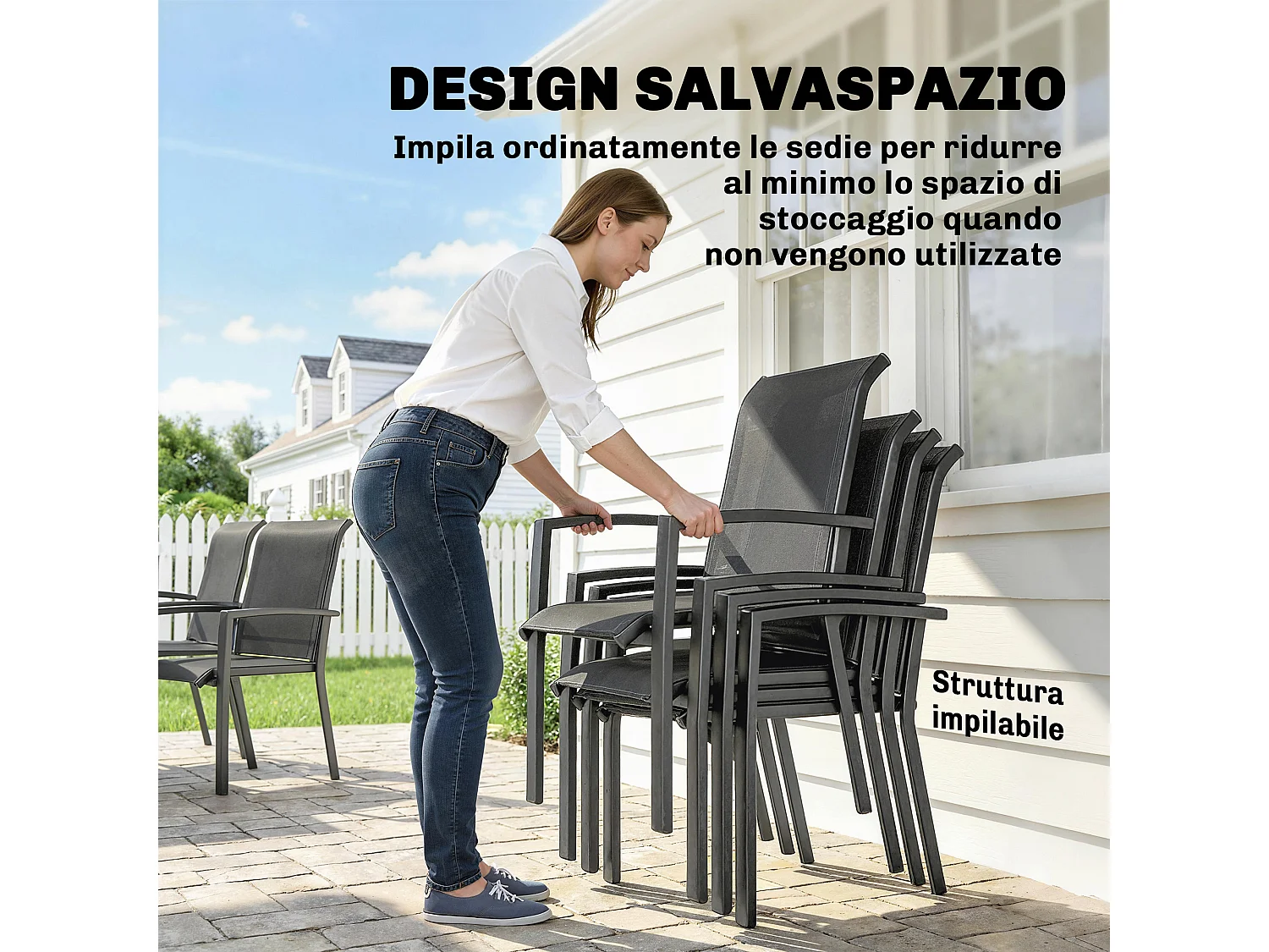 Set tavolo e sedie impilabili da giardino 7 pezzi in texteline grigio