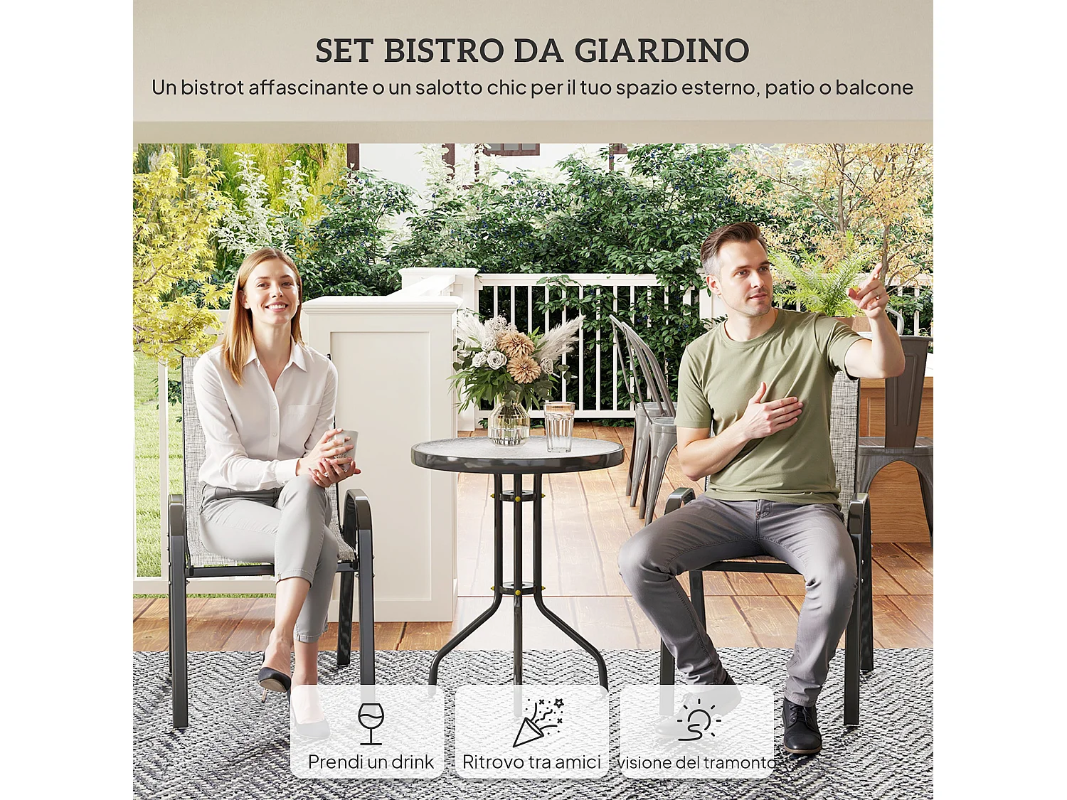 Set da giardino 3pz con 2 sedie da giardino e tavolino rotondo grigio